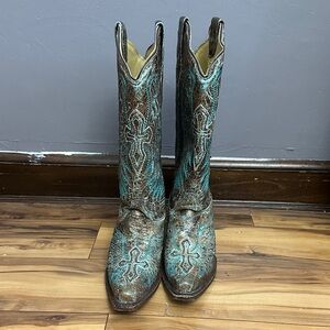 Corral Boots Turquoise Distressed Brown Western Cowboy Boots